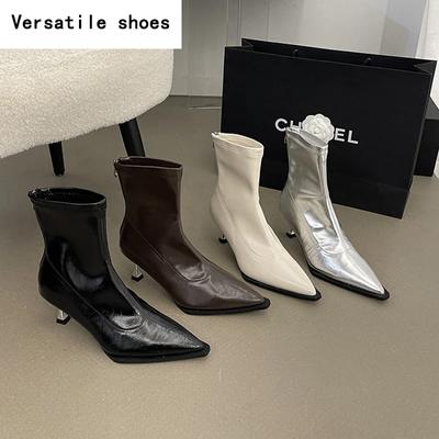 Дизайнерские серебристые женские ботильоны, модные элегантные туфли на молнии, осенне-зимние туфли на высоком каблуке, эластичные современные короткие ботильоны