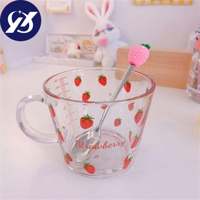 Милая кружка с клубникой и персиком, стеклянная чаша, хлопья для завтрака, студенческая девушка, молоко, кофе, овсянка, термостойкая кавайная кружка