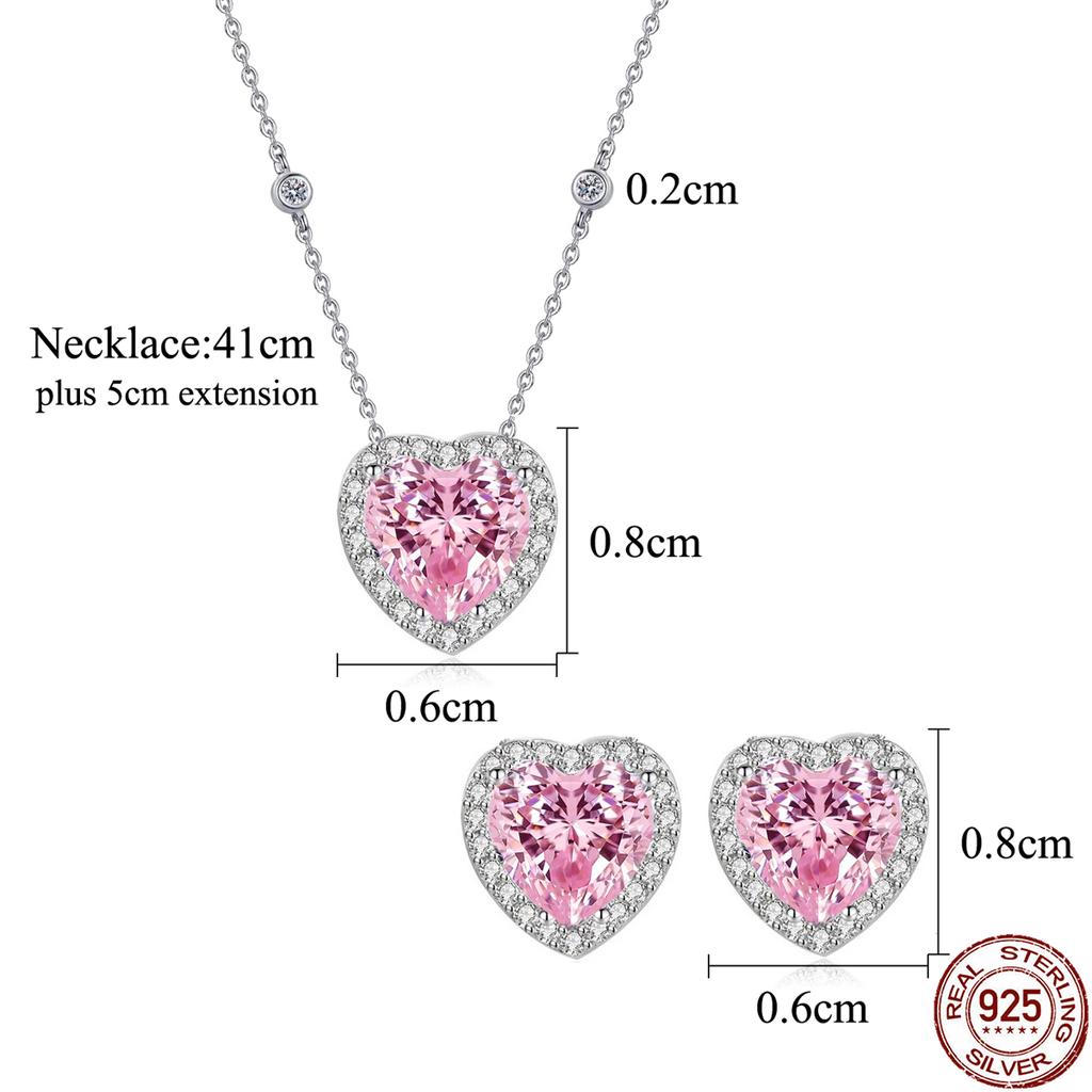 Real 925 Sterling Silver Zircon Love Jewelry Set Rhodium Plated Pink Heart Cut CZ Pendant Necklace Earrings Women Jewelry Set