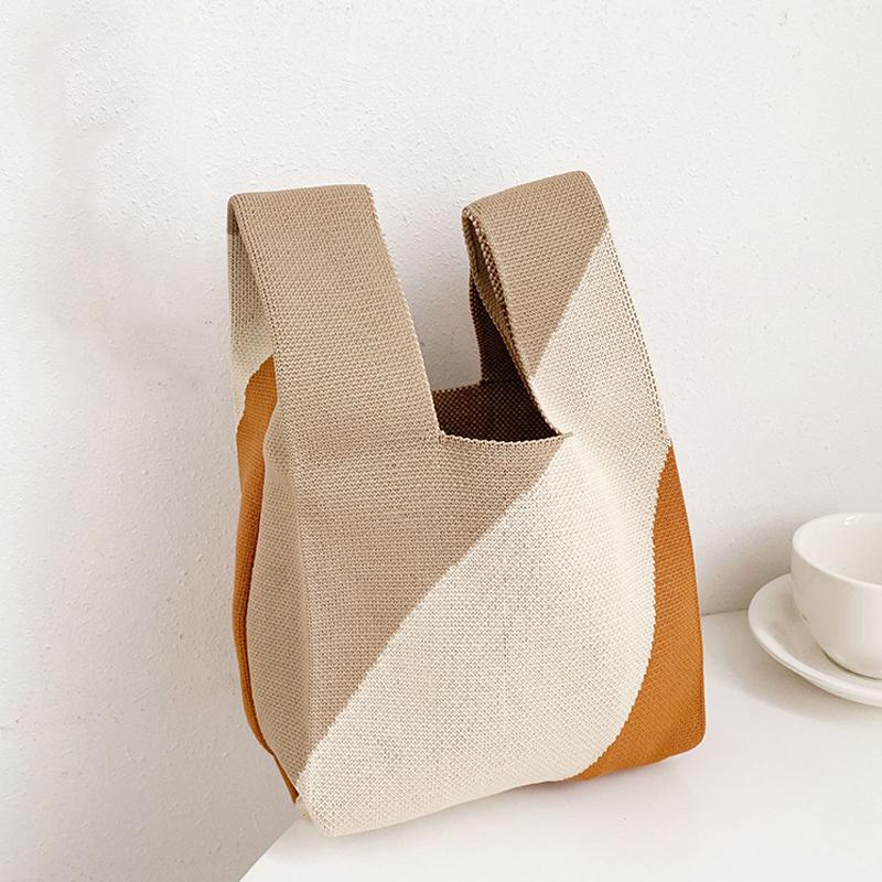 Черно-белая вязаная сумка ручной работы, сумка-тоут, многоразовые сумки для покупок, женская, для девушек, повседневная сумка-узел на запястье, сумка для хранения на открытом воздухе KTB