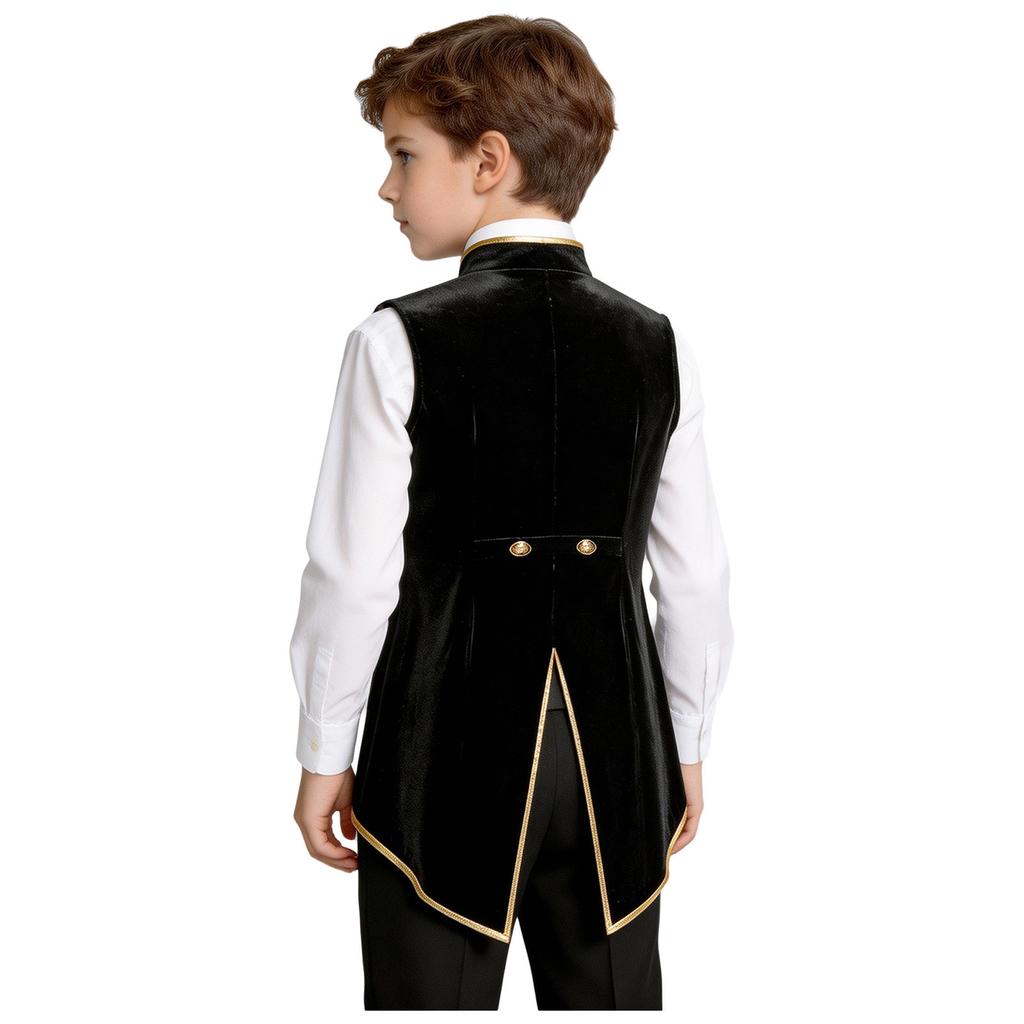 Boys Medieval Velvet Vest Stand Collar Back Split Metallic Trim Button Sleeveless Tailcoat