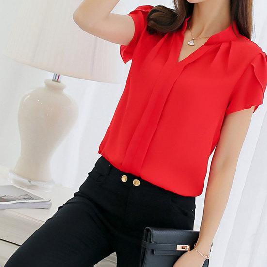 Летняя футболка с коротким рукавом и V-образным вырезом, модная однотонная шифоновая женская блузка-топ