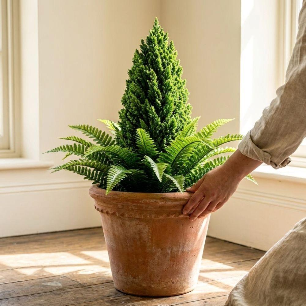 2Pcs Anti-Shedding Faux Cypress Branch Tree UV Resistant Fake Boston Fern Decor Plant Balcony Porch