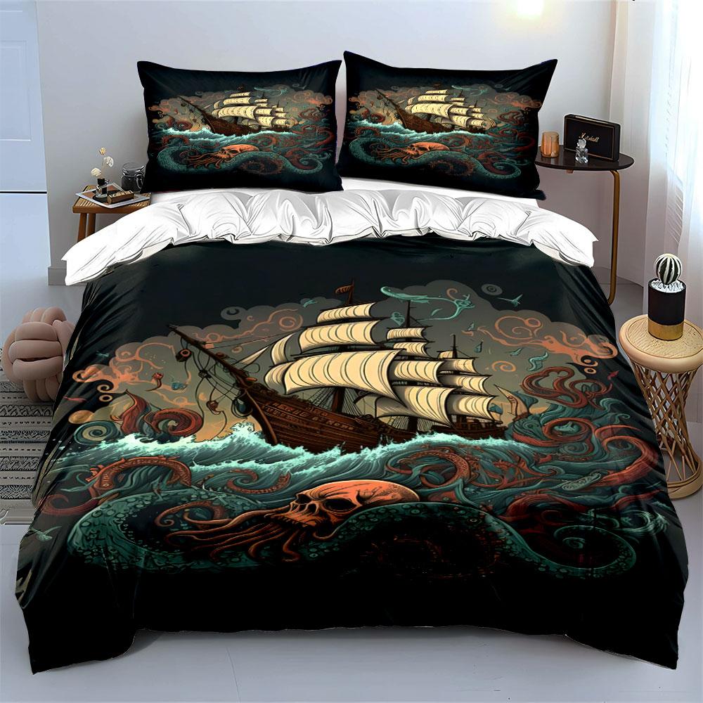 Sea Monster Attacking Sailing Ship Print Bedding Set 1 Duvet Cover 2 Pillowcases for Adult and Children Luxury Gift Full Size