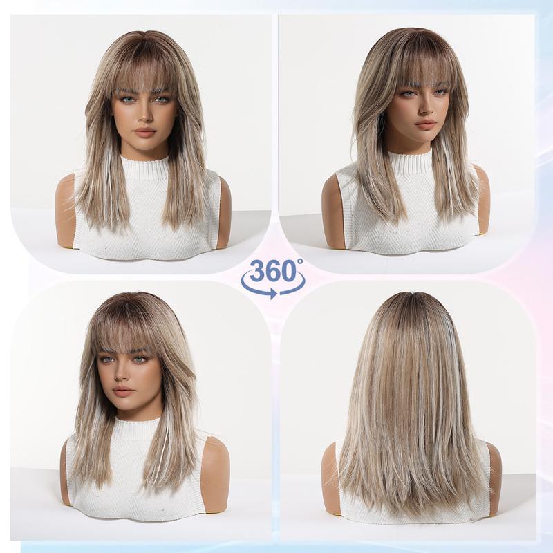 LOUIS FERRE Brown Base Blonde Highlights Medium Straight Layered Wig With Bangs Synthetic Hair Heat Resistant Women Daily Party