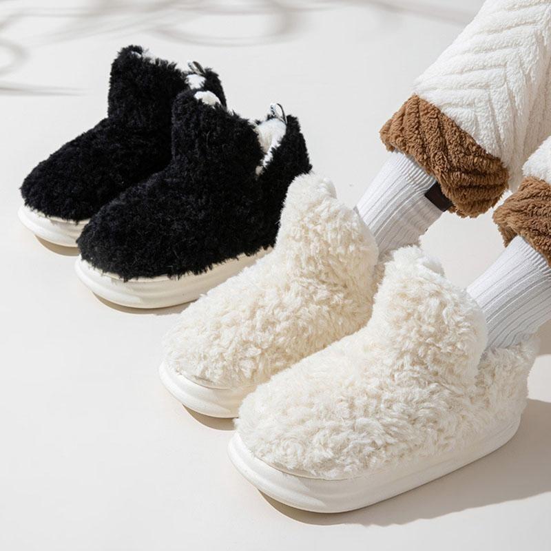 Зимние хлопковые тапочки из овечьей шерсти, новые пушистые плюшевые тапочки, обувь на меховой плоской подошве, уличные женские хлопковые сапоги, теплые домашние флисовые сапоги на толстой подошве