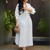 Pleated White Dress with Belt for Women 3/4 Sleeve V-neck Elegant Office Ladies Work Evening Dress