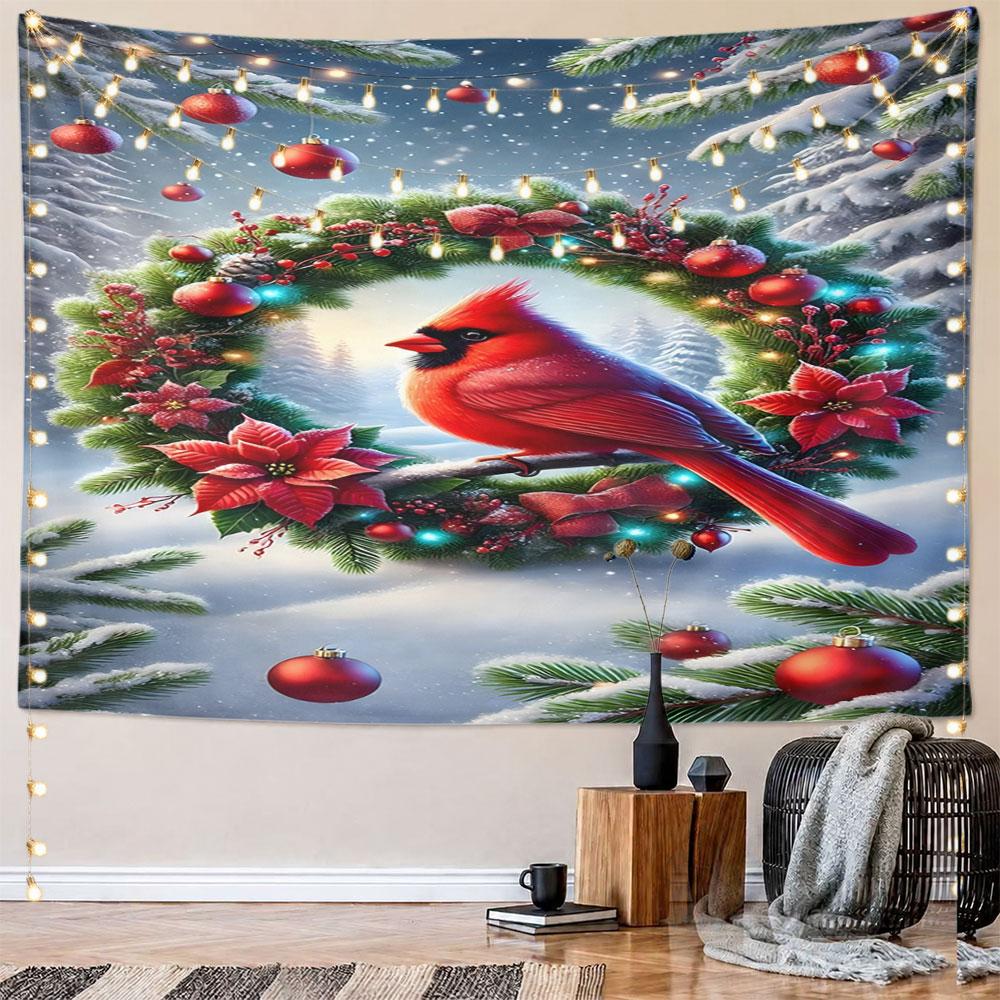 Red Cardinal on Christmas Wreath Pattern Wall Hanging Tapestry Decorative Tapestry Home Decor for Bedroom and Living Room