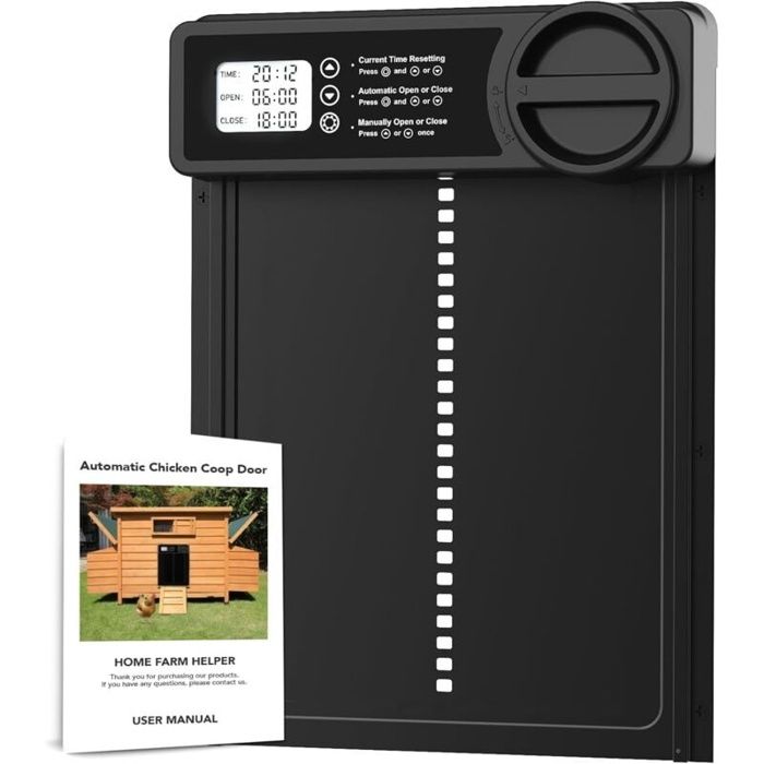 Porte automatique pour poulailler en alliage d'aluminium - minuterie LCD, capteur anti-pincement, 3×AA