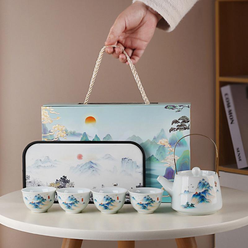 Portable ceramic express cup, one pot of four cups travel tea set, Guochao landscape gift box, business souvenir