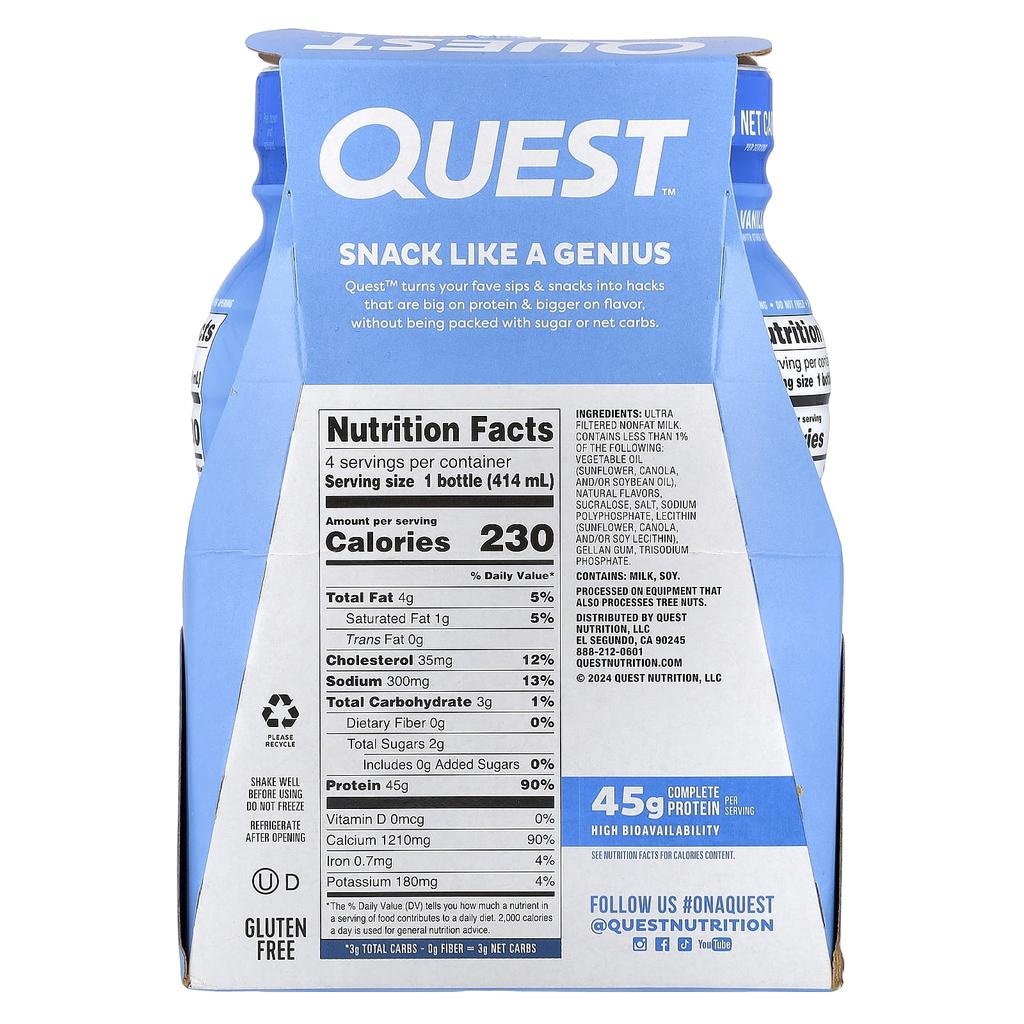 Quest Nutrition Протеиновый молочный коктейль, Ванильный, 4 бутылки, 414 мл (14 жидких унций) Каждый