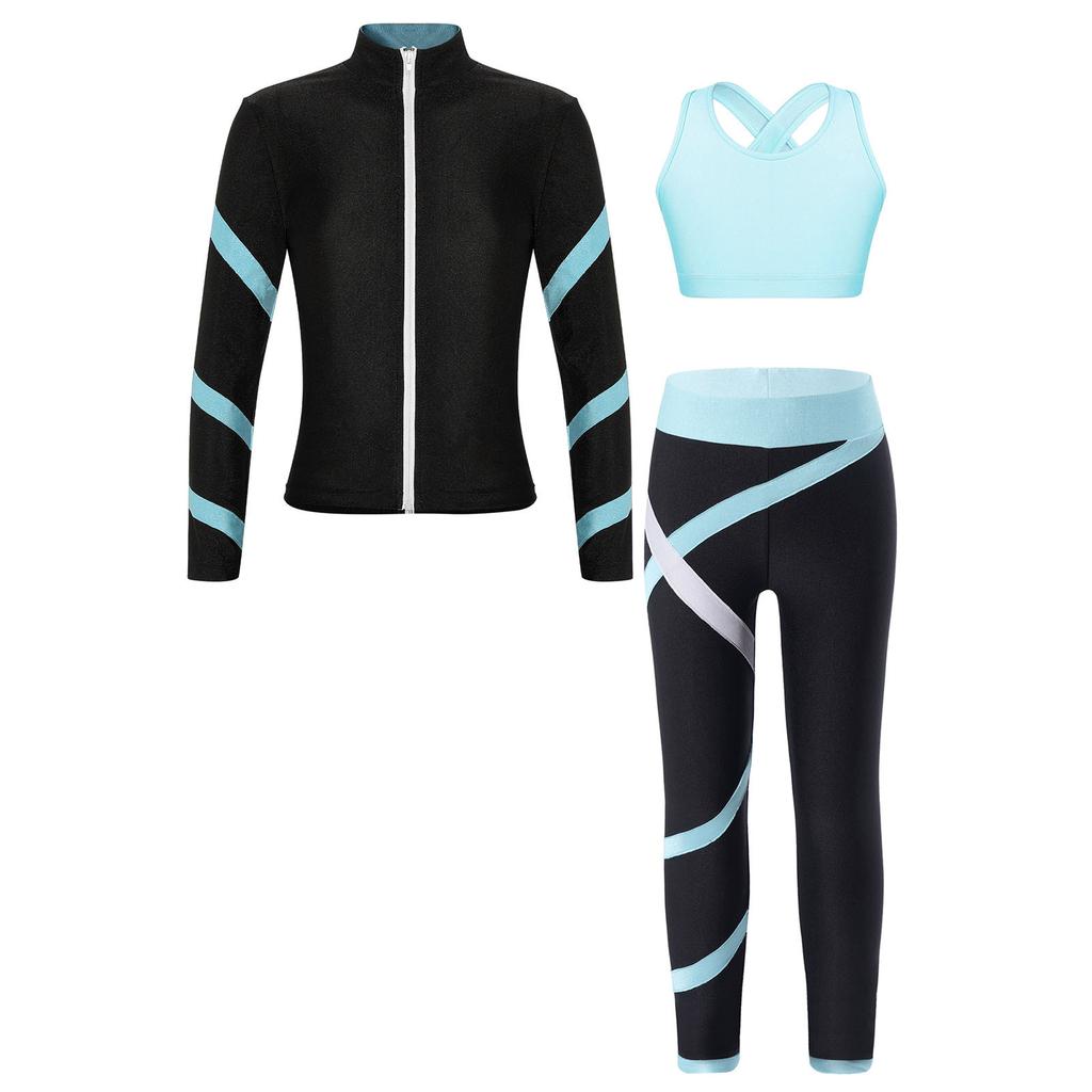 Teen Girls Figure Skating Sports Suit 3Pcs Bra Tops Shorts Leggings Jacket Set for Workout Gymnastics Fitness Yoga Training