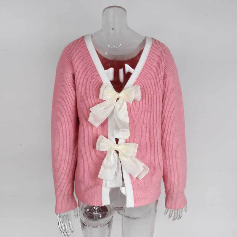 Women's Round Neck Long Sleeve Knit Sweater Loose Fit Casual Pullover with Back Bow