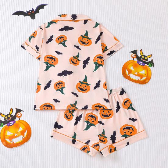 Womens Halloween Pajamas Set Button Down 2 Piece Pjs Shorts Set Pumpkin Print Short Sleeve Sleepwear Sets