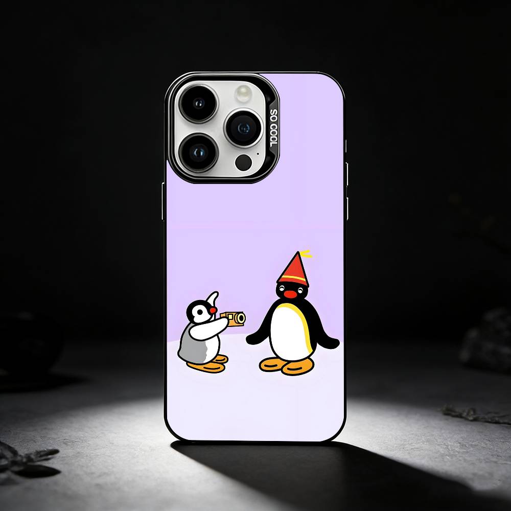 Cute Art Pingu Penguin Phone Case For iPhone 17,16,15,14,13,12,11 Plus,Pro Max,XS,Colored silver phone case
