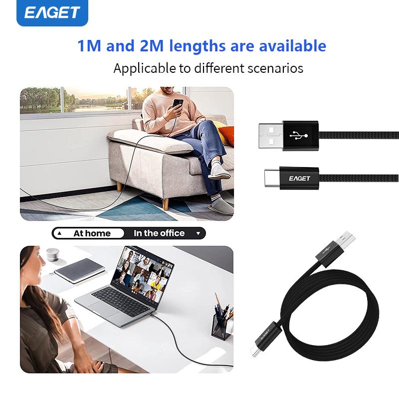 EAGET Кабель для быстрой зарядки 3A USB-A - USB-C, 66 Вт, 1 м/2 м, 48-жильный плетеный провод, скорость передачи данных 480 Мбит/с, совместим с устройствами Android