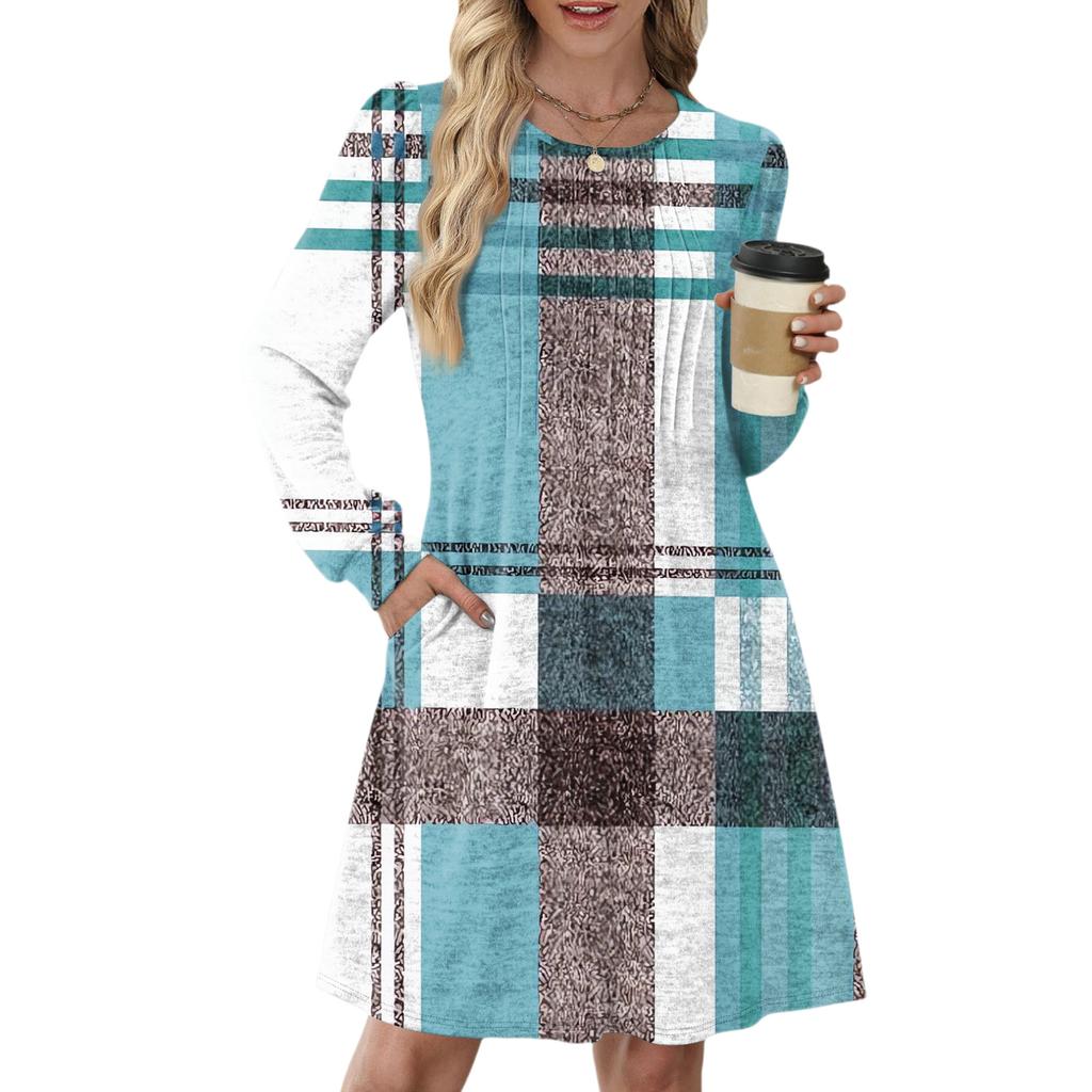 Женское повседневное платье с длинным рукавом, плиссировкой, круглым вырезом, принтом в клетку и полоску и карманами