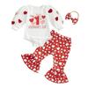 Baby Girls Fall Outfit, Long Sleeve Letters Print Romper with Heart Flare Pants and Headband Valentines Day Clothes