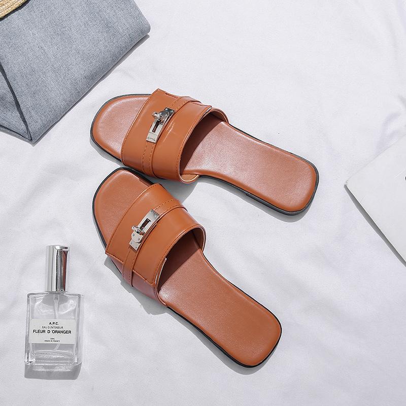 35-45 Large Size Korean Version of Small Silver Buckle One-word Drag 2024 Summer French Flat-bottomed Cool Slippers Half Slippers Outer Wear