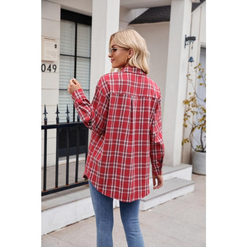 Autumn and Winter Casual Fashion Loose Plaid Pocket Women's Blouses & Shirts