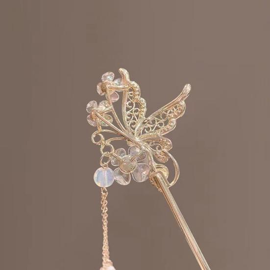 Chinese Style Faux Pearl Tassel Hair Stick Hollow Butterflies Shape Elegant Lady Back Head Hair Chopstick Headdress Hair Accessories