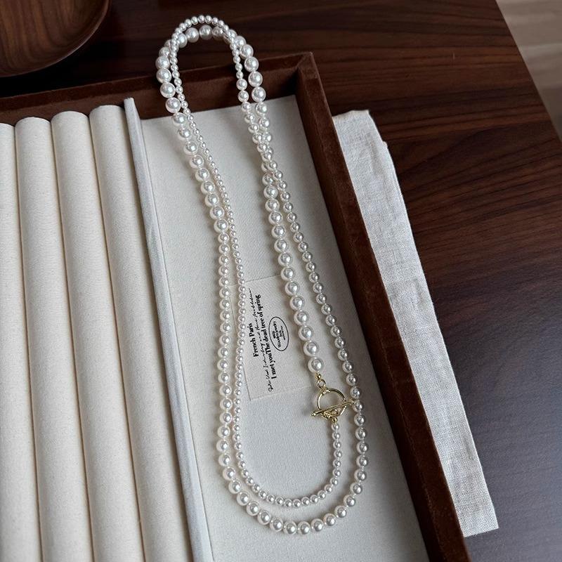 Glass Pearl Gradual Change Long Sweater Chain Imitation Shijia Pearl Chain A Wear More Niche Temperament Necklace Women