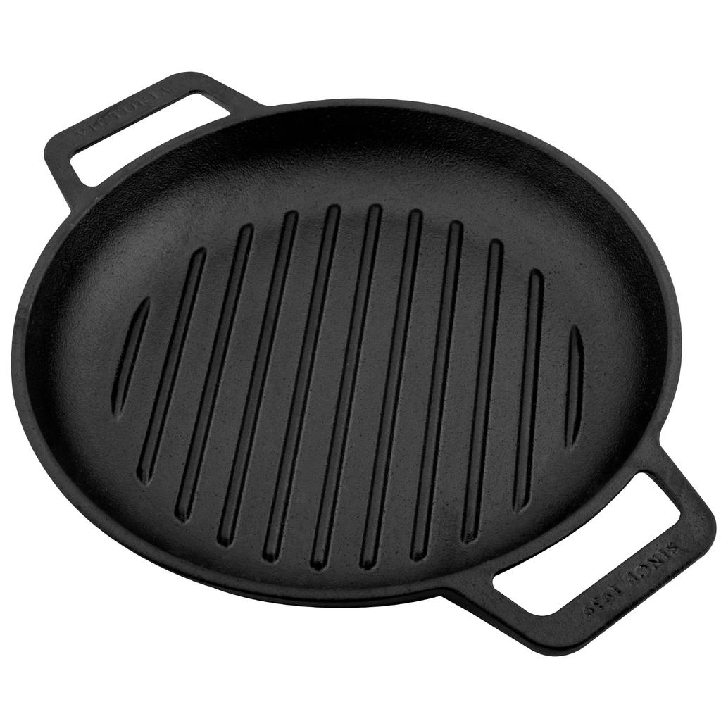 Сковорода-гриль из чугуна Victoria, круглая, с двойной ручкой, с льняным маслом и приправами
