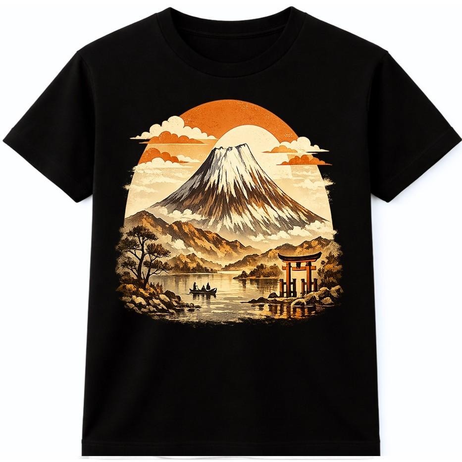 Mount Fuji Japanese Landscape Graphic T-Shirt Torii Gate Lake Sunset Vintage Tee
