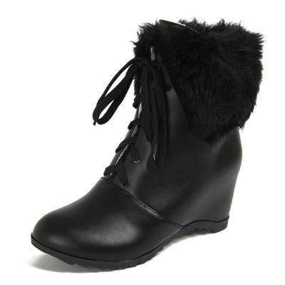Бренд Женские Теплые Зимние Ботинки Круглый Носок Увеличенный Каблук 6 см На Шнуровке Большой Размер 41 42 43 Толстый Мех Милые Повседневные Ботильоны
