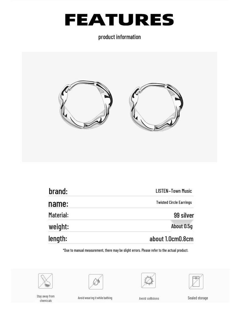 S999 Pure Silver Möbius Loop Twisted Hoop Earrings - Simple, Stylish Wavy Ear Cuffs