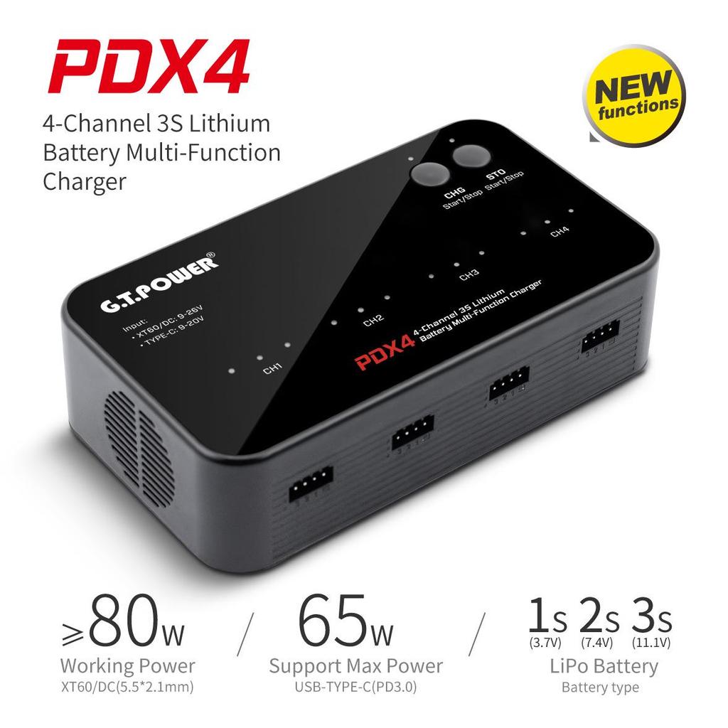 G.T POWER PDX4 Lithium Battery Charger for 1S-3S RC Cars & FPV Drones
