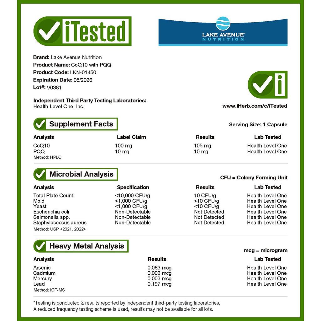 Lake Avenue Nutrition CoQ10 with PQQ, 100 Mg, 60 Veggie Capsules