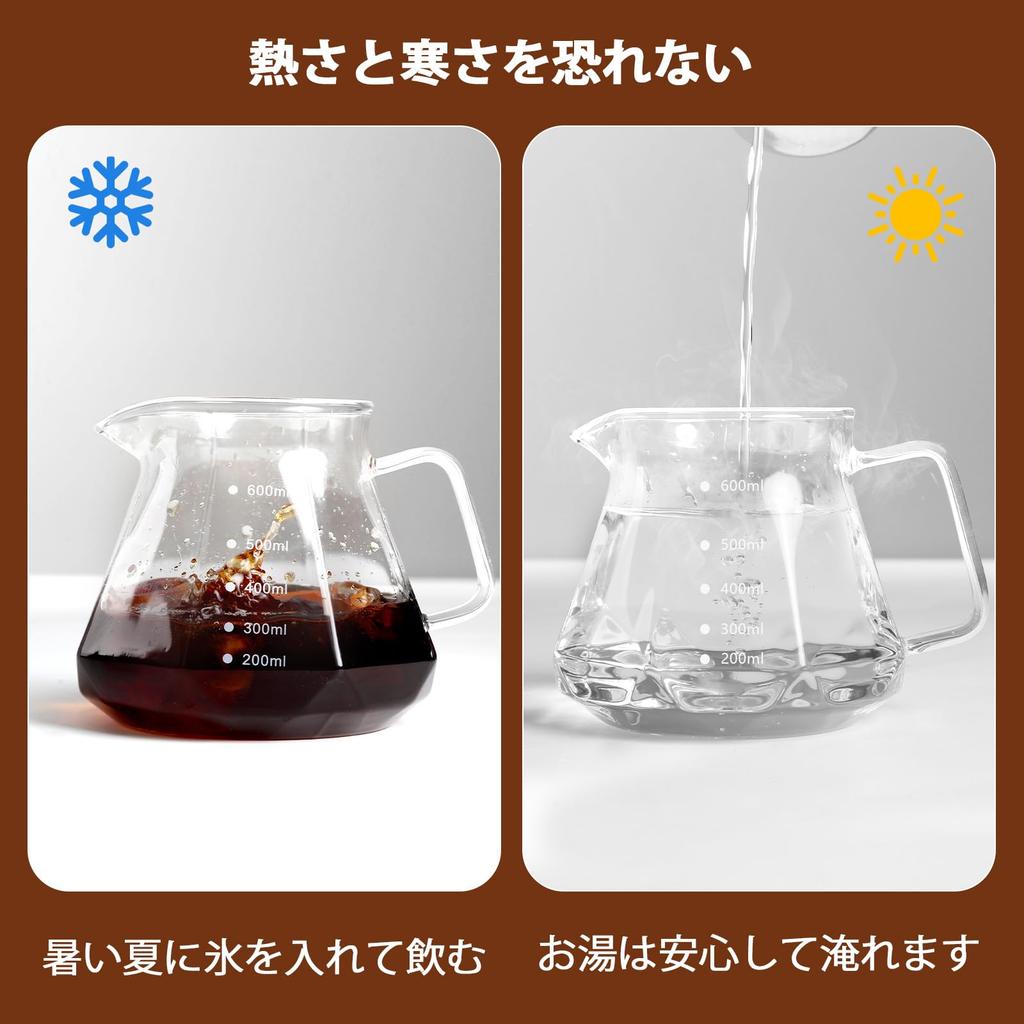 FGIUKC Coffee Server, Heat-Resistant Glass with Wooden Holder, 600ml Capacity with Graduations, Serves 2-4 People, Microwaveable, V60 Dripper, Hand