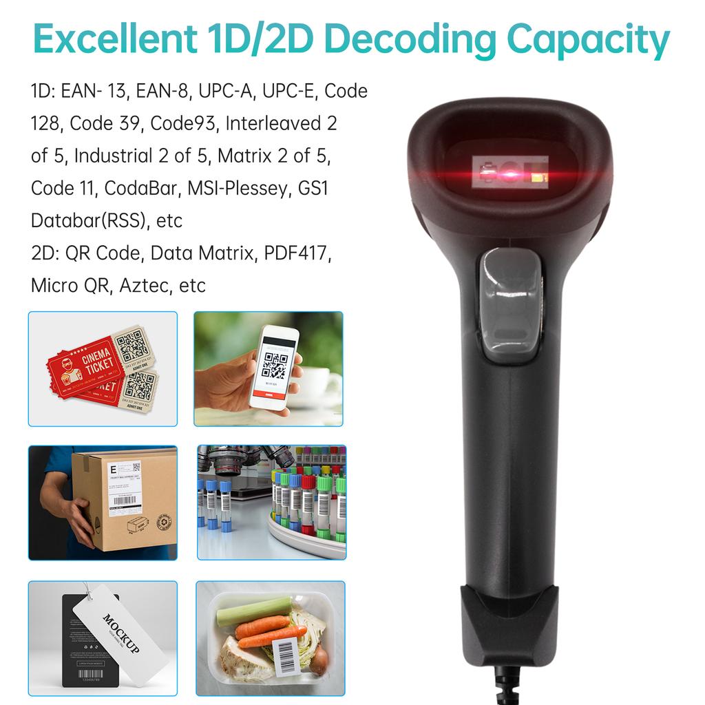 Ручной USB сканер штрих-кодов 2D 1D COMS-датчик Высокоскоростное сканирование QR-кода считыватель Plug and Play