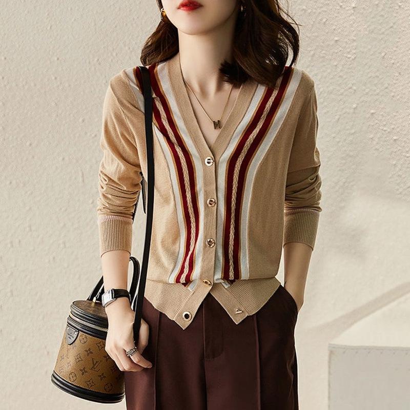 Spring and Autumn Women's Loose Colour Blocking Knitted Cardigan Sweater Jacket V-Neck Striped Top