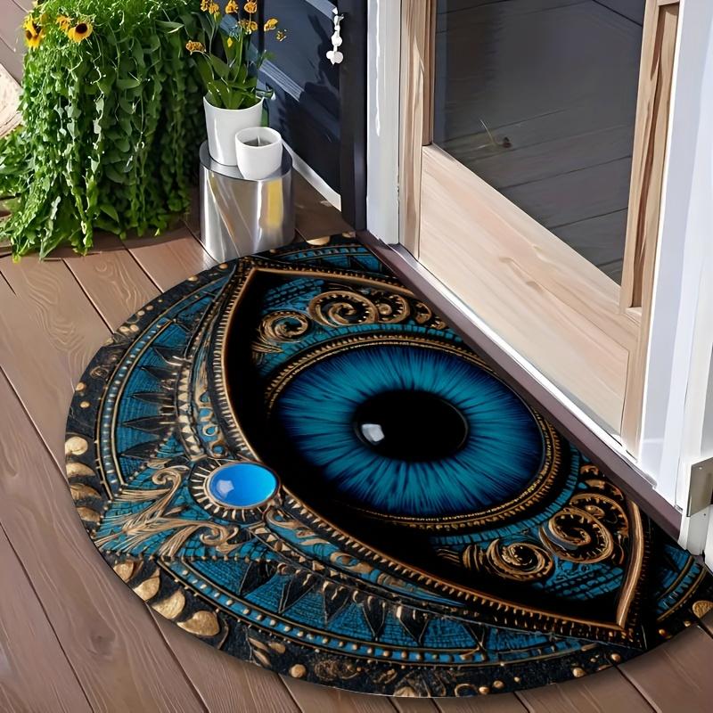 Evil Eye Semi Circle Doormat Blue Gold Boho Pattern Non Slip Washable Front Door Rug Indoor Bohemian Home Entrance Decor