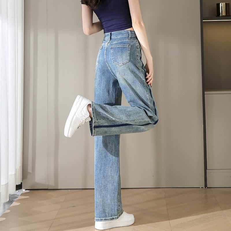 Fashion Straight Leg Retro Blue Loose Jeans for Women Slim Fit High Waist Wide Leg Denim Pants Elegant Solid Office Lady Casual Trousers