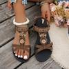 New Large Size Flat Bottom Women's Summer Flat Heel Beaded Bohemian Sandals Open Toe Elastic Beach Shoes Women