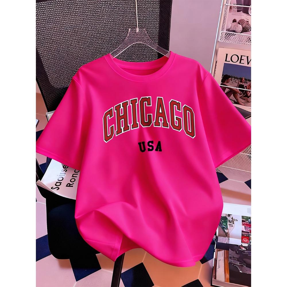 Chicago Usa Letter Printing T-Shirt Women Summer Short Sleeve Tops Comfortable Soft O-Neck T Shirt Casual Womans Clothes