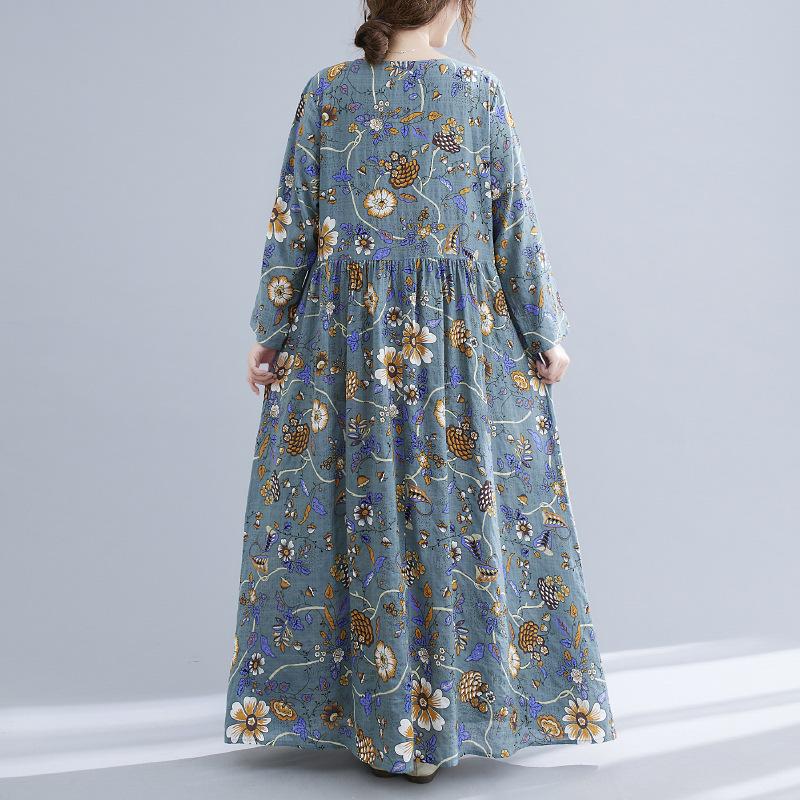 Cotton and Linen Breathable Dress In Spring and Summer Oversized Printed Round Neck Long Sleeve Large Swing Dress