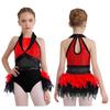 Girls Dance Costume Turn-Down Collar Sleeveless Sheer Mesh Keyhole Back Shiny Sequins Feather