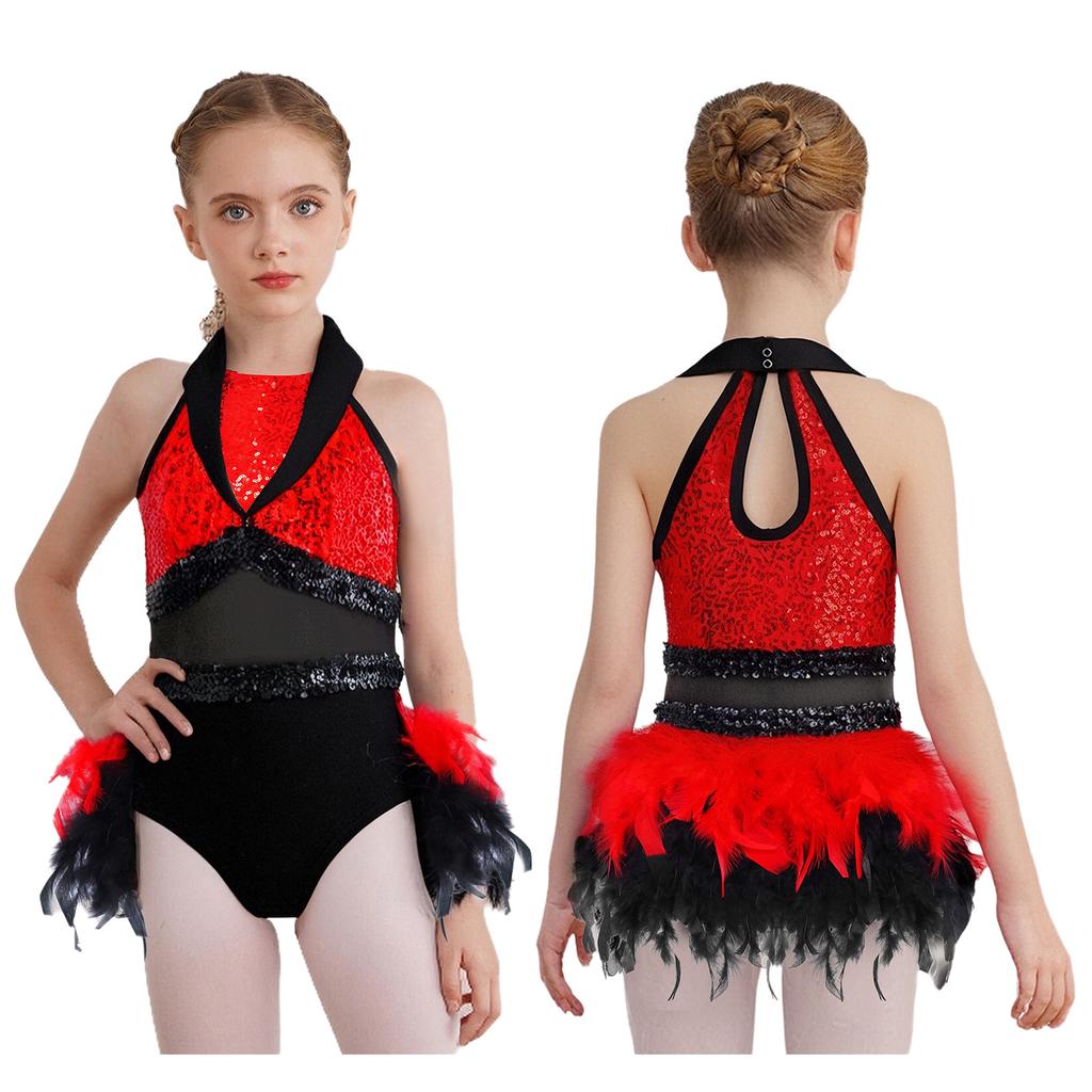 Girls Dance Costume Turn-Down Collar Sleeveless Sheer Mesh Keyhole Back Shiny Sequins Feather