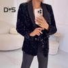 Женский пиджак с лацканами и длинными рукавами на пуговицах, пиджак с блестками, осенне-зимняя деловая верхняя одежда для уличной вечеринки