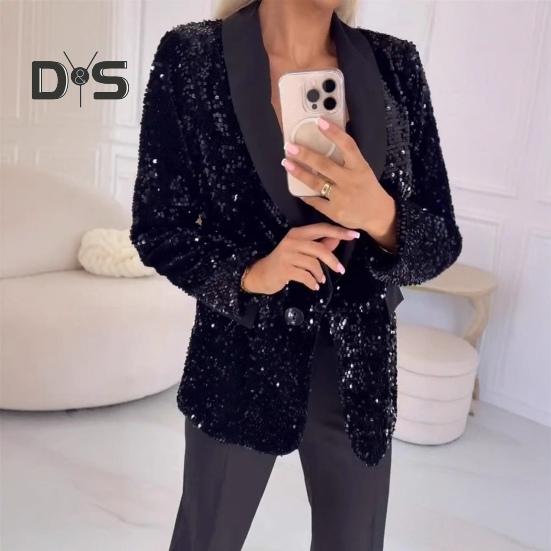 Женский пиджак с лацканами и длинными рукавами на пуговицах, пиджак с блестками, осенне-зимняя деловая верхняя одежда для уличной вечеринки