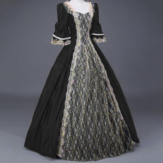 Женское платье для выступлений на сцене в стиле ретро-королевского королевского стиля с кружевным бантом и рукавом-колоколом в стиле пэчворк на Хэллоуин