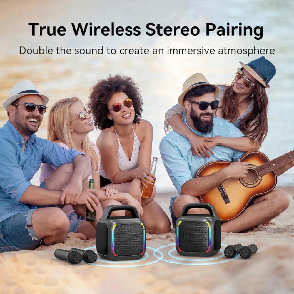 Караоке-машина с 2 беспроводными микрофонами, 5.0 Bluetooth 50 Вт динамик для взрослых и детей, ручка и RGB-подсветка, поддерживает карты памяти TF/USB/Aux In/TWS