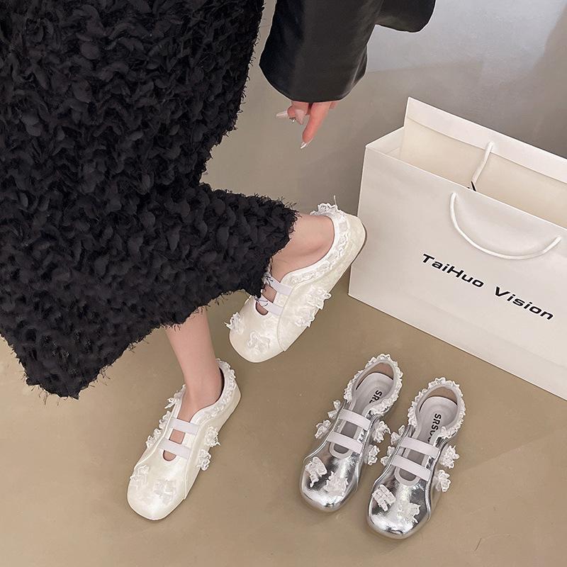 Французские серебристые туфли-балетки на плоской подошве женские 2025 лето новая популярная спортивная и повседневная обувь балетки Мэри Джейн на мягкой подошве