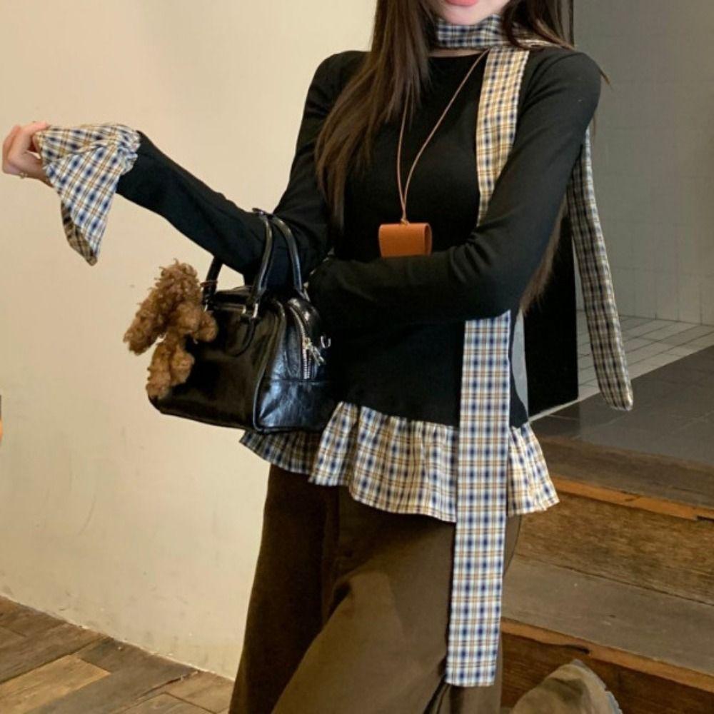 Майки Футболка с имитацией двойки Клетчатая с оборками Приталенный топ Мягкий топ с длинным рукавом Женский