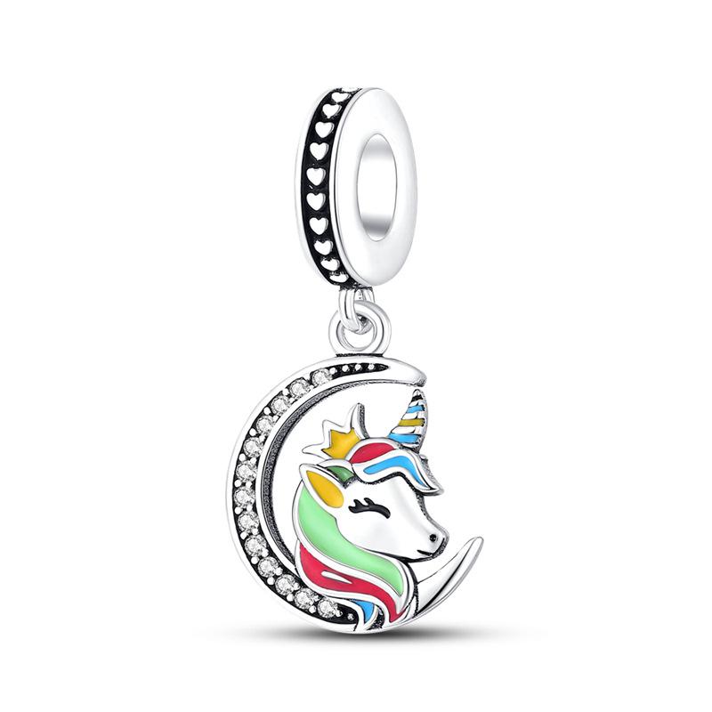 S925 Silver Rainbow Seven Heart Shaped Pony Unicorn Pendant Necklace Jewelry