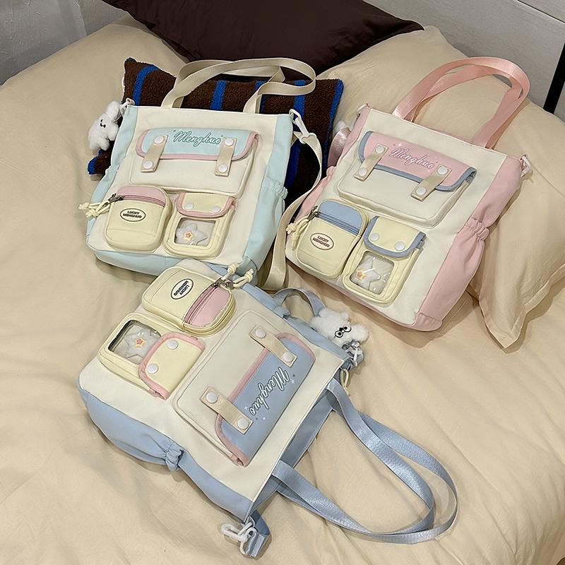 Сумка кроссбоди с цветными блоками, женская сумка на плечо в студенческом стиле, сумка-тоут большой вместимости для учеников средней школы